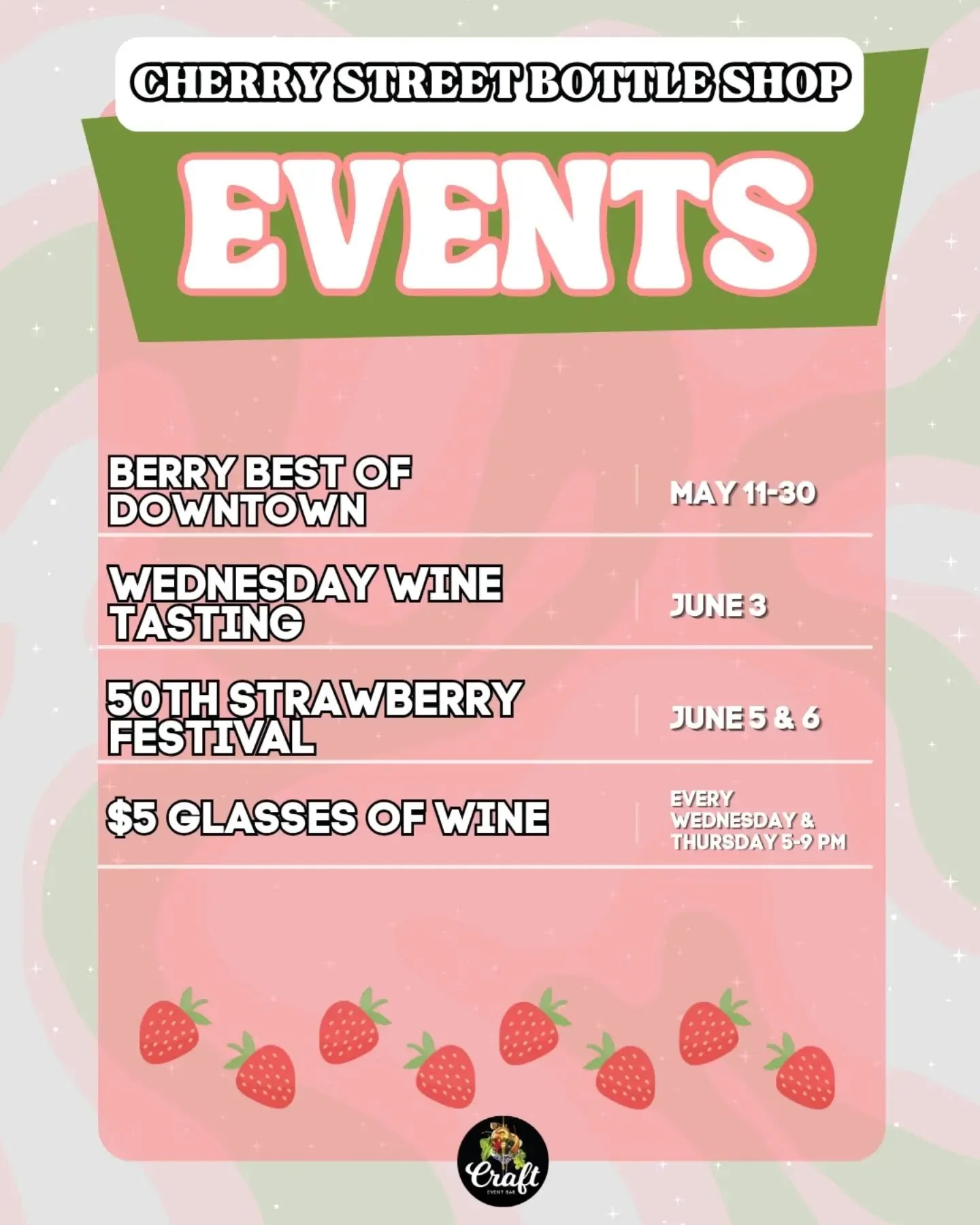 Come join us at Cherry Street Bottle Shop over the next few weeks 🍓🥂
We're showcasing strawberry cocktails and beers to kick off the 50th year of the Troy Strawberry Festival 🥳
**We previously posted that the bottle shop will be closed on Saturday