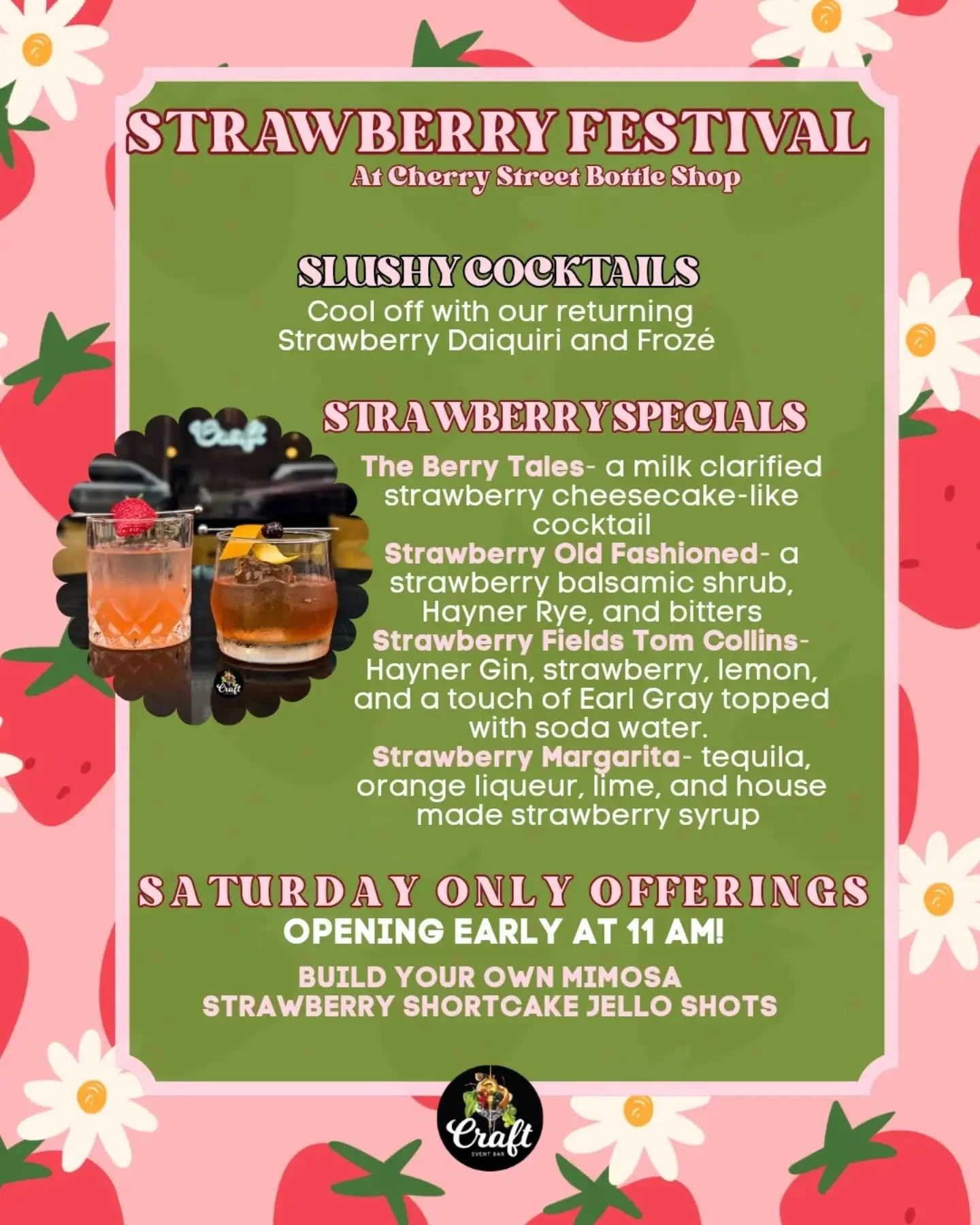 Strawberry has taken over at Cherry Street Bottle Shop! 🍓🍒✨
We're opening early tomorrow, Saturday June 6th, for a full day of Strawberry Cocktails! Come cool off with our returning customer favorites from last year- Froz&eacute; and a Frozen Straw