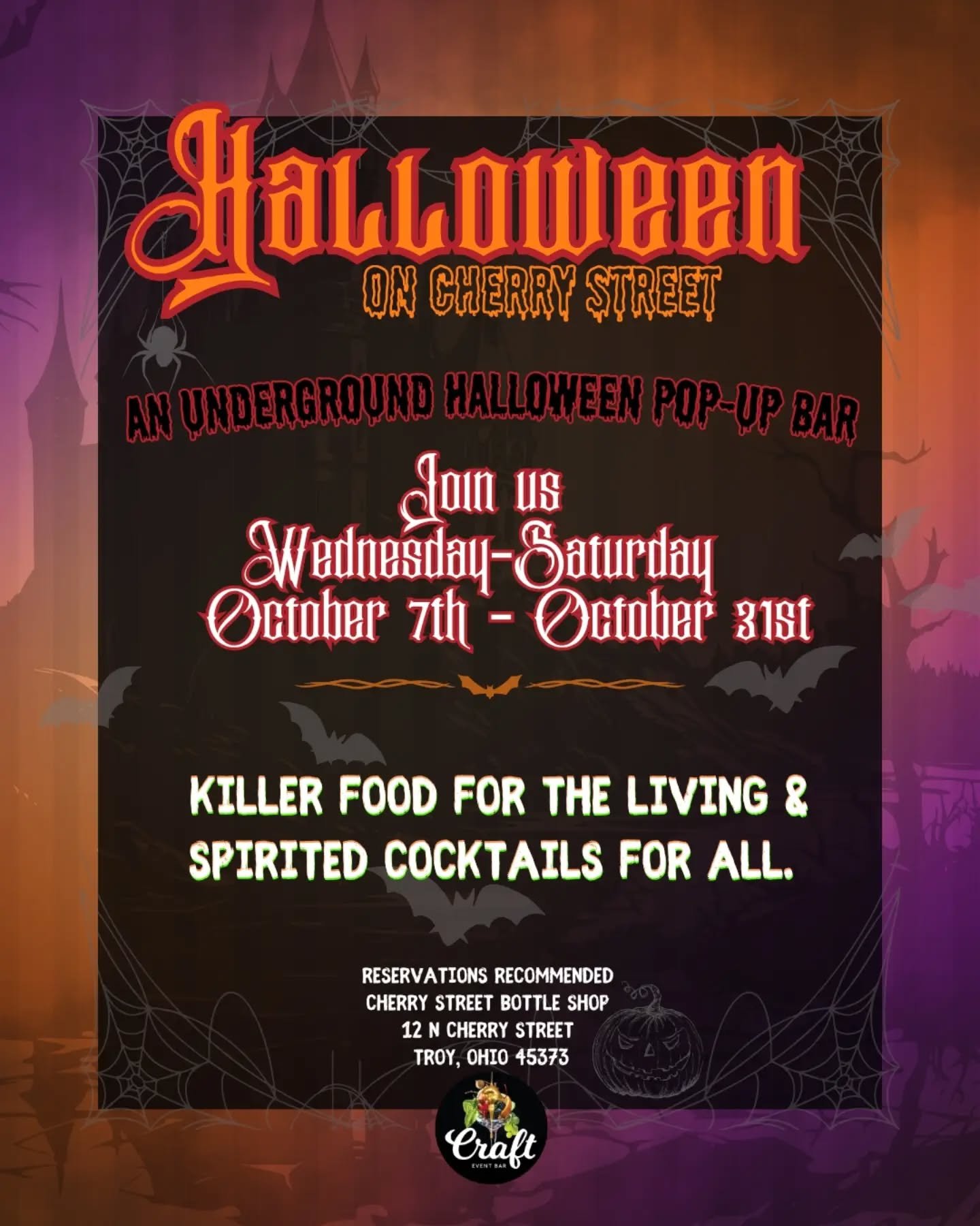 Hidden Underground, the cocktail lounge at Cherry Street Bottle Shop is transforming into something ghoulish and eerie this October 👻
Join us 6 feet underground, Wednesday-Saturday starting October 7th to October 31st for an immersive experience in 