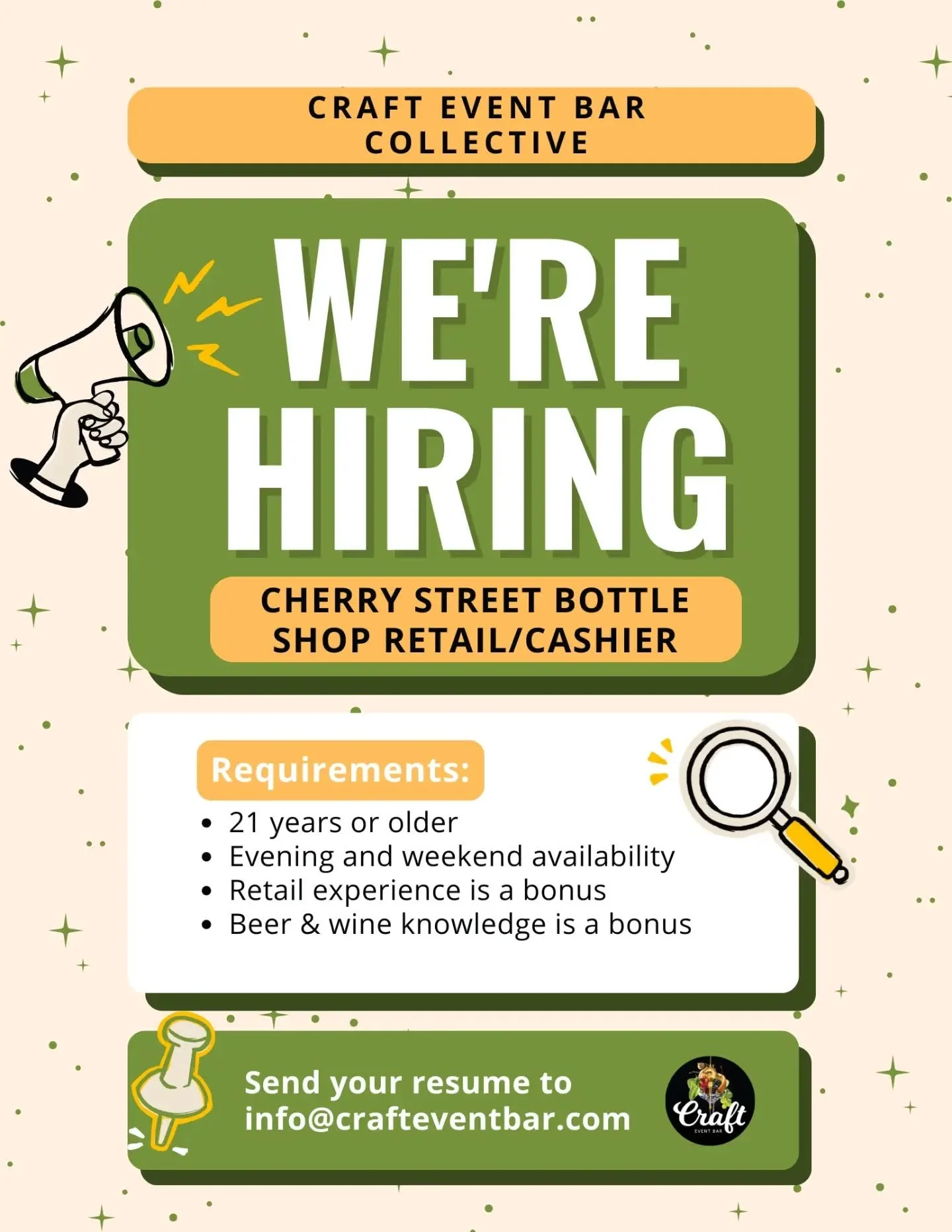 We are hiring for multiple positions! 
Join the team at Cherry Street Bottle Shop in Troy, Ohio in a retail/cashier position! Must be 21+ and the shifts are in the evening and weekends. Beer and wine knowledge is a bonus but not required! 

We're als