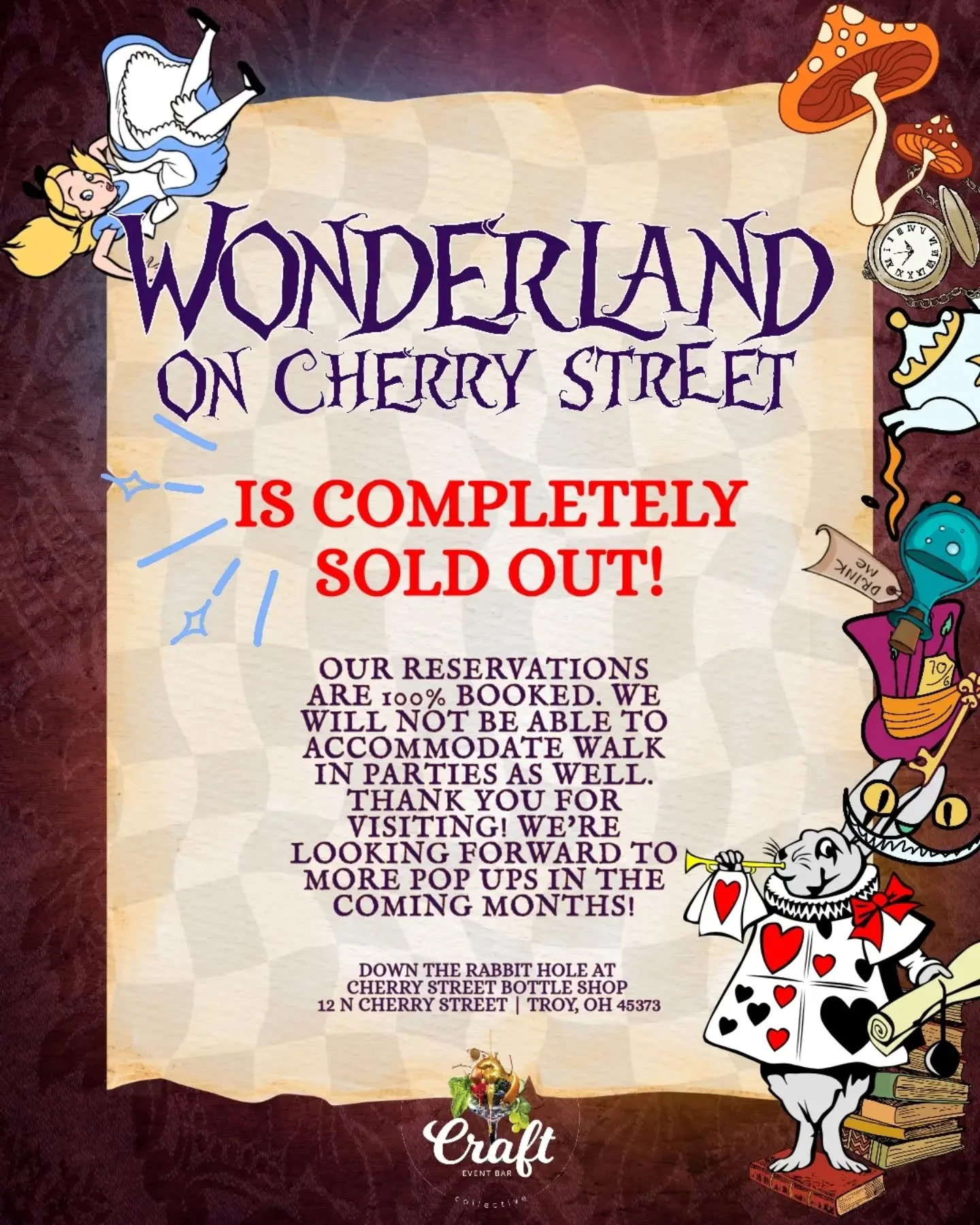 Wonderland on Cherry Street reservations (and walk-ins) are completely sold out! 🫖🐇🍄 We're SO thankful to be closing out this pop up with so many new faces and that everyone has loved falling down the rabbit hole as much as we have! 
Stay tuned- w