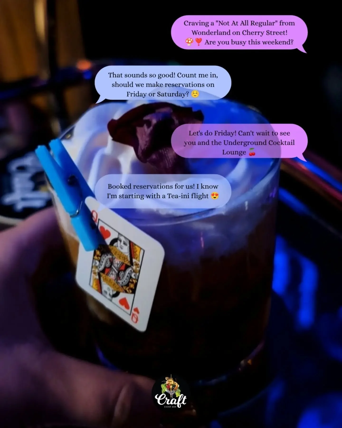 Have you booked your visit to Wonderland on Cherry Street? 🍄❣️🦋🍒🐇

Pictured is the "Not At All Regular" with a choice of vodka or rye whiskey (both from our favorite local distillery @haynerdistilling), Licor 43, house cold brew, and ho