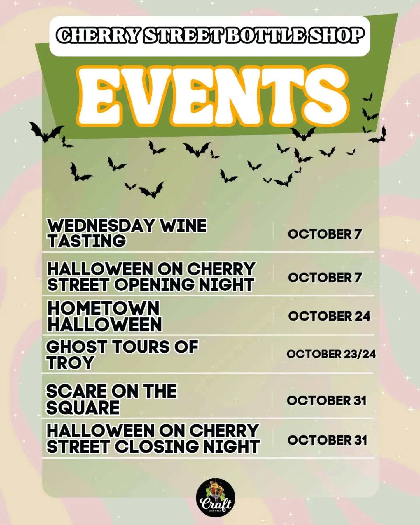It's a busy October at Cherry Street Bottle Shop 🦇🔮🍒✨
We're kicking off the start of the month tonight with the monthly Wednesday Wine Tasting upstairs and the very first night of Halloween on Cherry Street 🧟&zwj;♀️🧌🧙🏼&zwj;♀️

‼️ A reminder ‼️