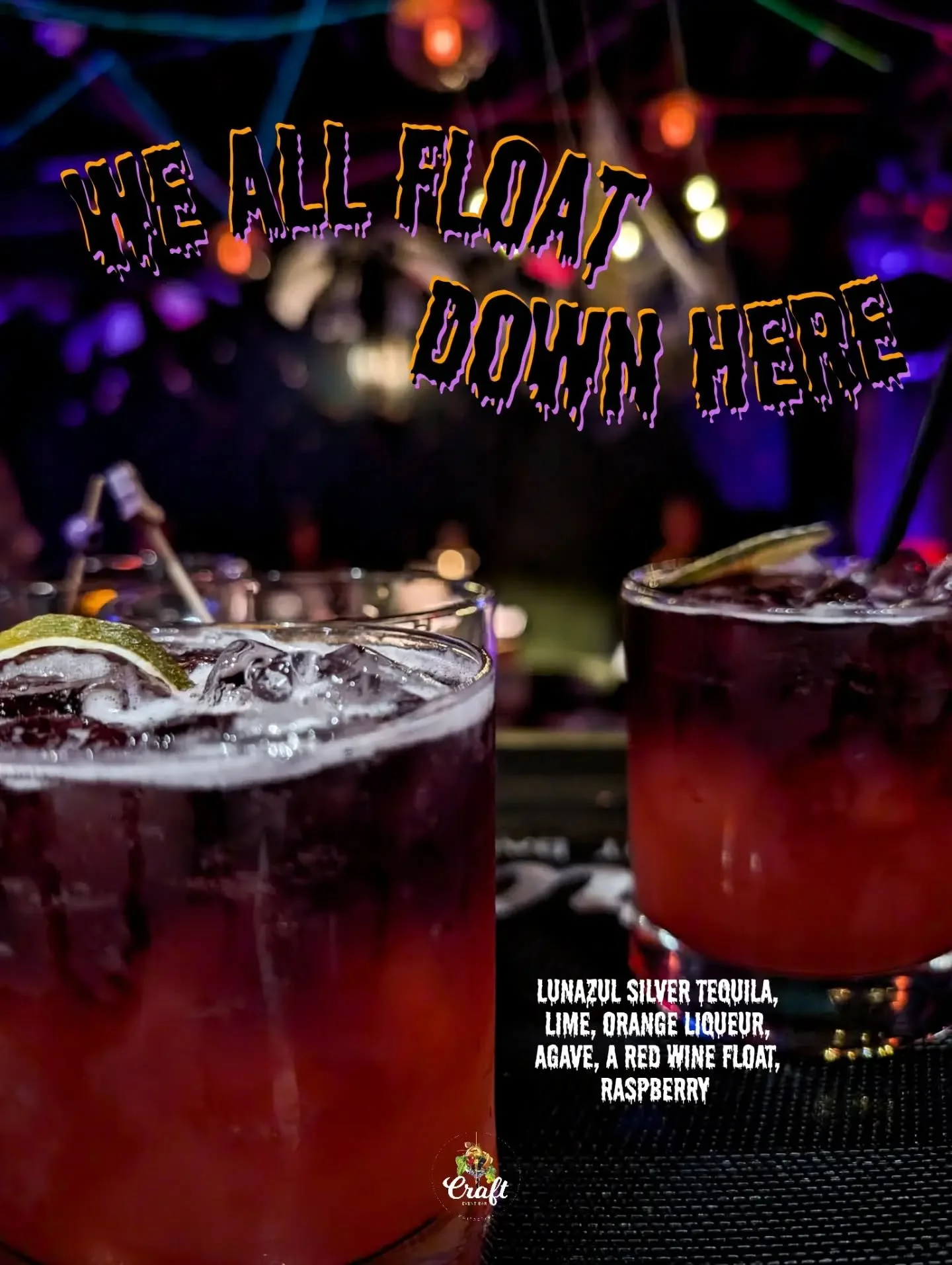 "We All Float Down Here" 
A red wine float margarita on our Halloween on Cherry Street menu 👻 raspberry is optional. 
Stop by Cherry Street Bottle Shop for ready to drink cocktails, beer, and wine and visit our underground cocktail lounge 