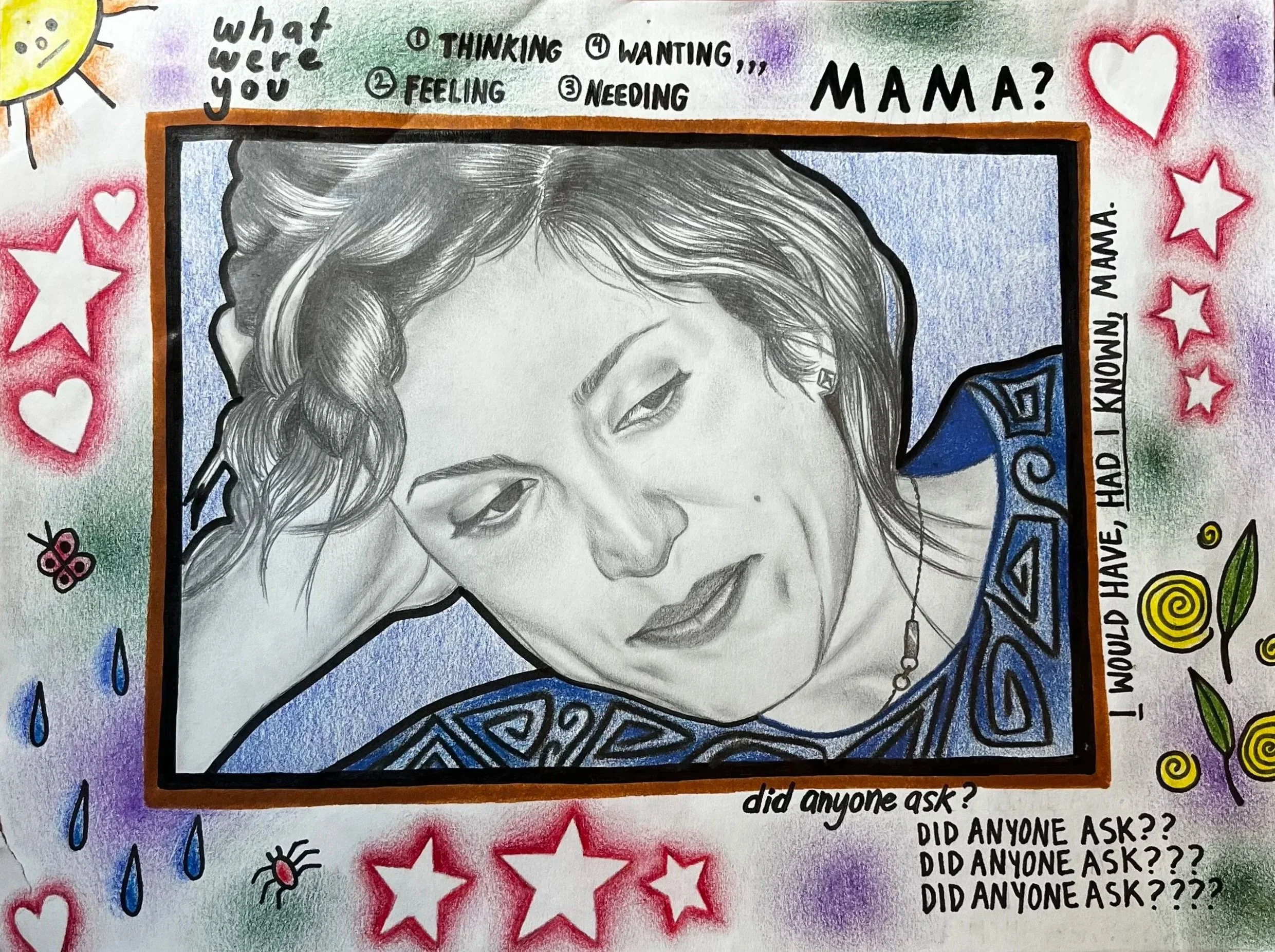 'Mama', colored pencils, sharpies, graphite, 2022 (1 of 3)