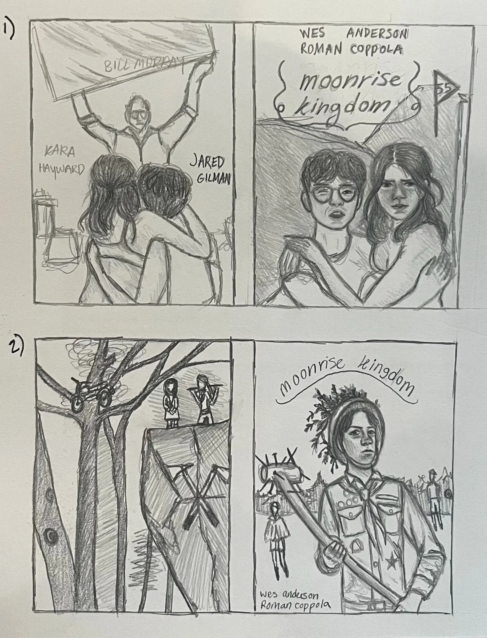 Thumbnails for Moonrise Kingdom DVD re-design, graphite, 2024