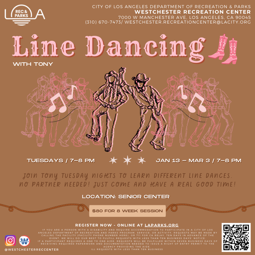 Line Dancing class brochure for Westchester Senior Center, Canva, 2026