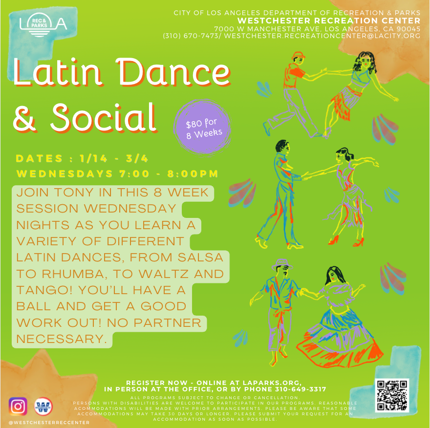 Latin Dance & Social class brochure for Westchester Senior Center, Canva, 2026