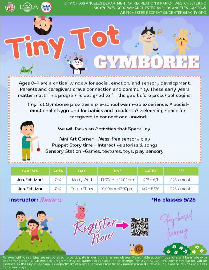 Tiny Tot Gymboree flyer for Westchester Rec Center, Canva, 2026