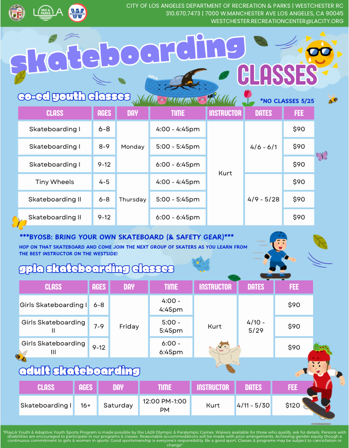 Co-ed Skateboarding class flyer for Westchester Rec Center, Canva, 2026