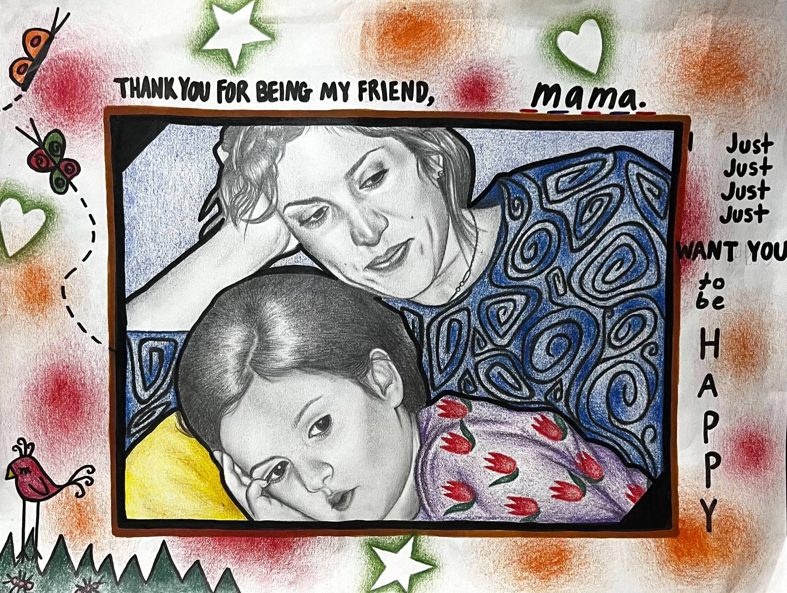 'Mama', colored pencils, sharpies, graphite, 2022 (2 of 3)