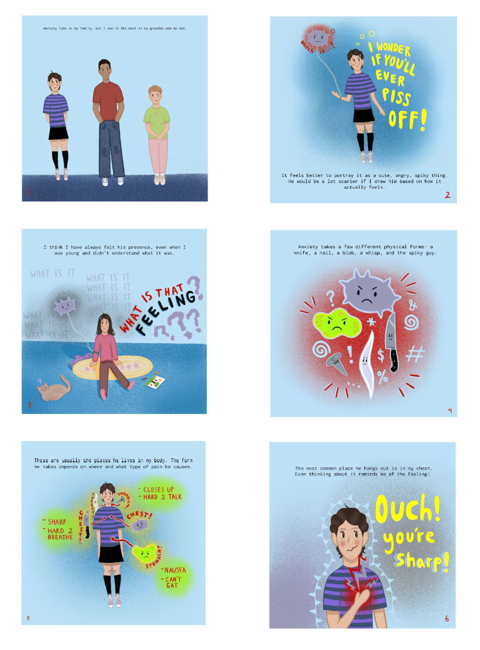 'Anxious' short story cover, Procreate, pages 1-6, 2024