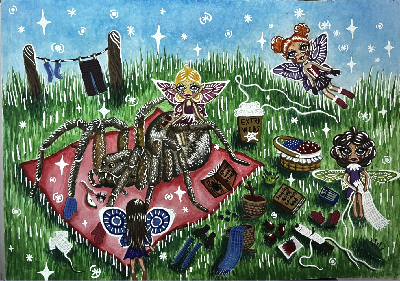 'Fairy Picnic', watercolor, gel pen, graphite, 2025