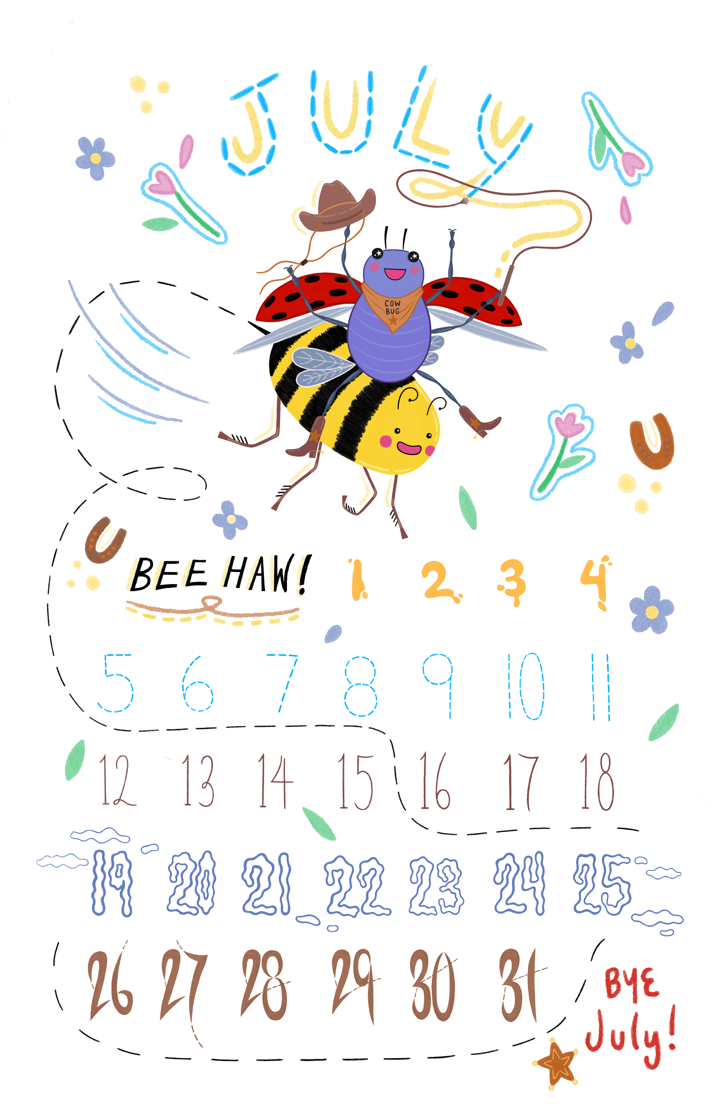 'July' calendar page, Procreate, 2025