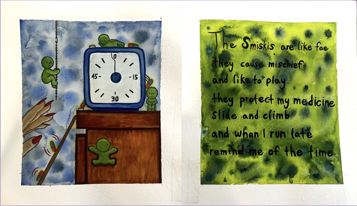 'Smiski Mischief', watercolor and graphite, 2026
