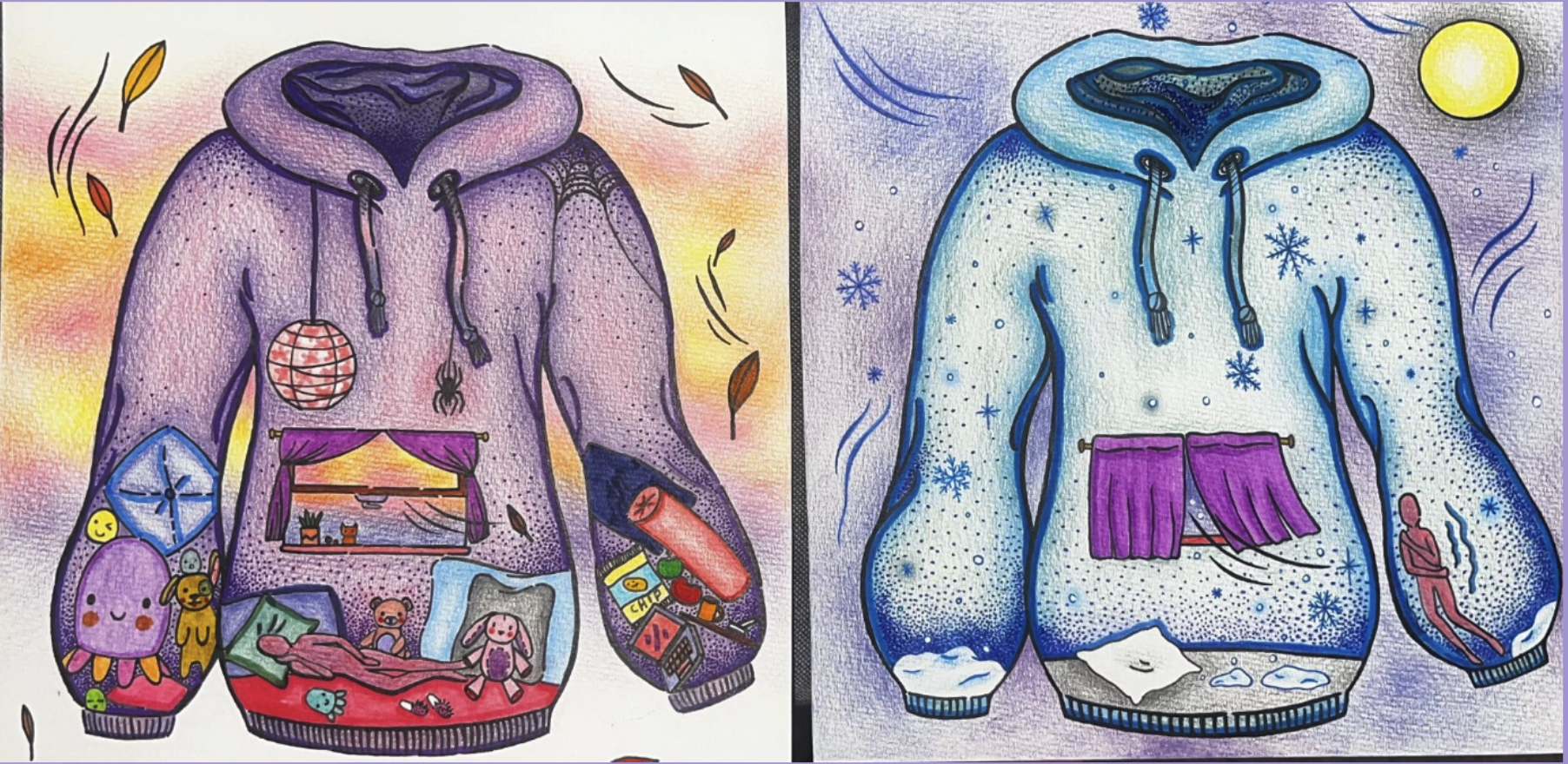 'Comfort/Discomfort', colored pencils, graphite, colored pen, 2025