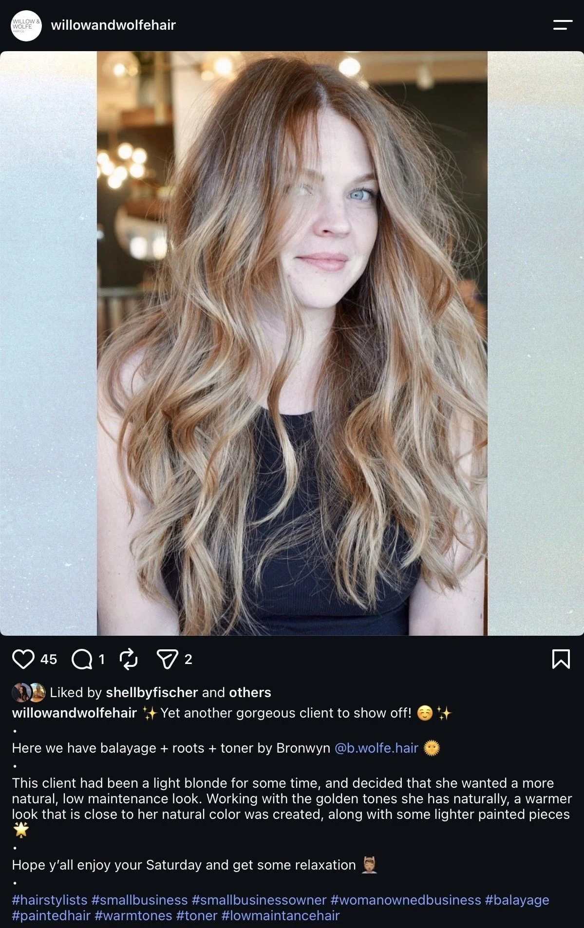 Photography and caption for Willow and Wolfe Hair Co., 2023