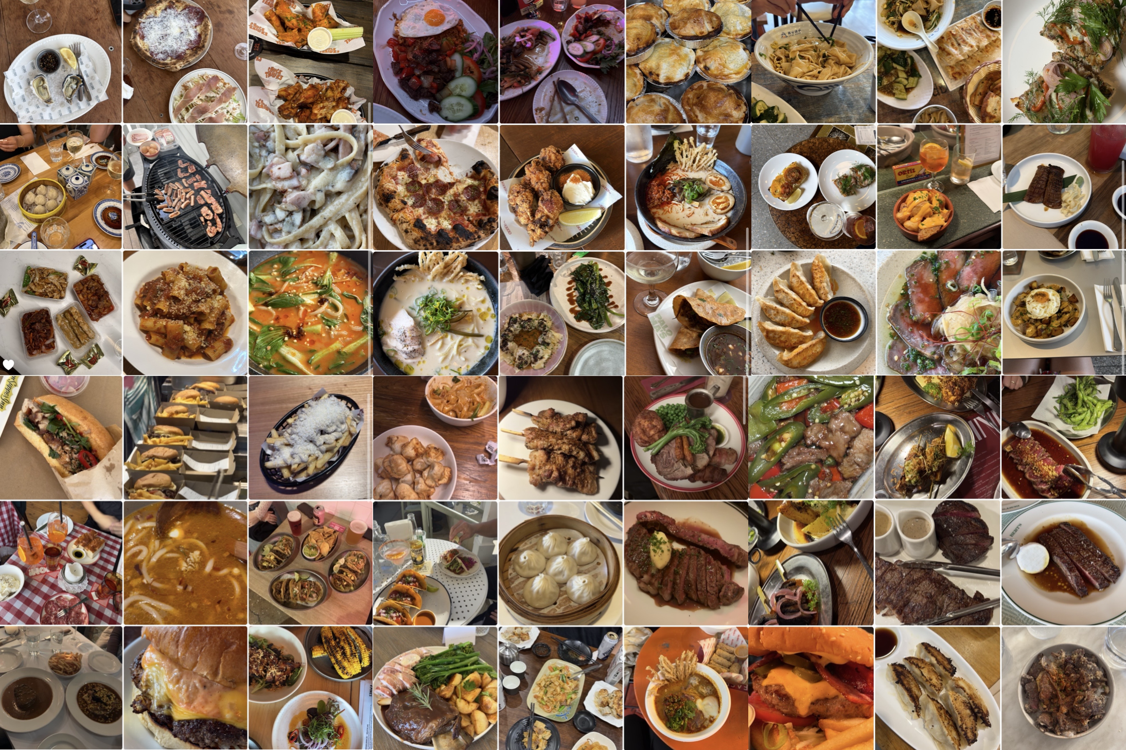 Collage of restaurant dishes including pasta, dumplings, steak and street food from local Sydney, Surry Hills and Manly dining spots