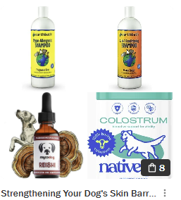Two bottles of dog shampoo, one with a yellow label and the other with an orange label, and a bottle of Reishi mushroom supplement with a dropper, along with a package of colostrum for dogs.
