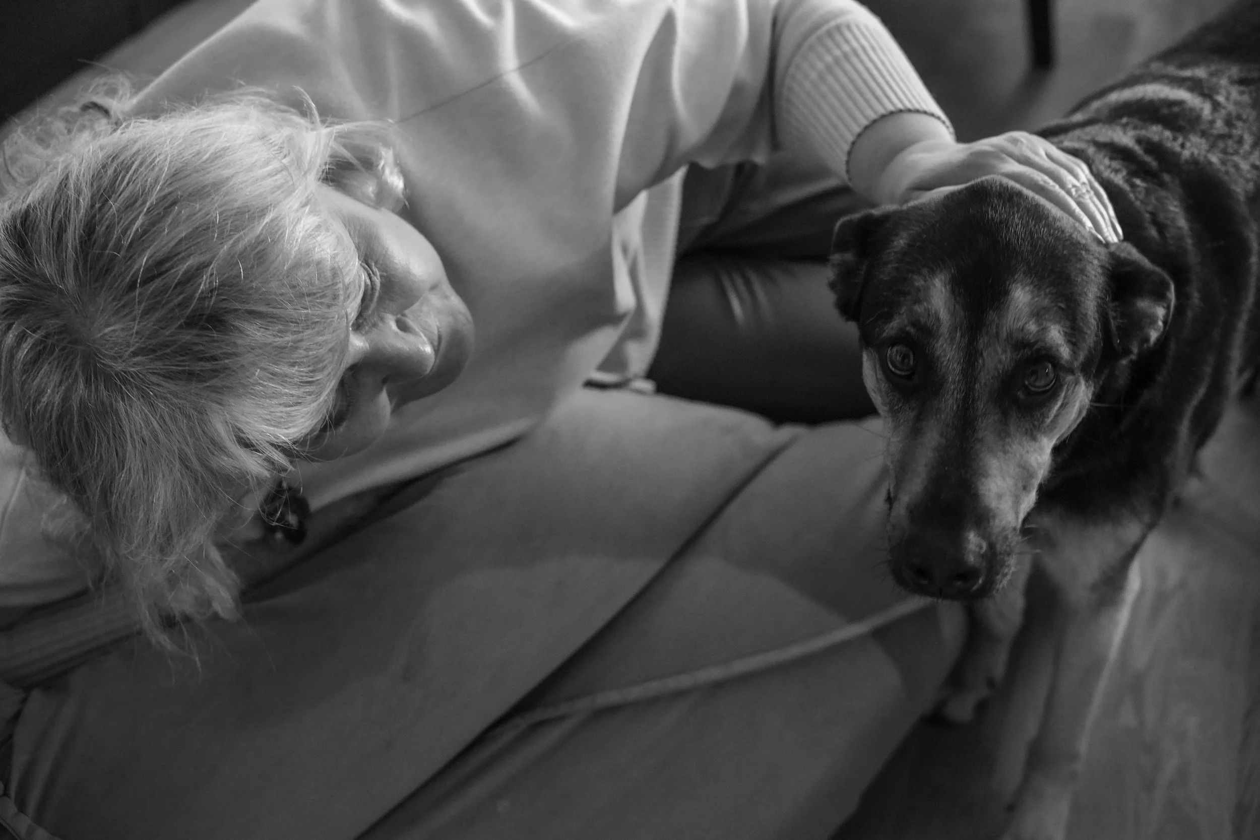 An elderly woman with light-colored hair lying on the floor, smiling, and petting a large dog with a dark coat and expressive eyes.