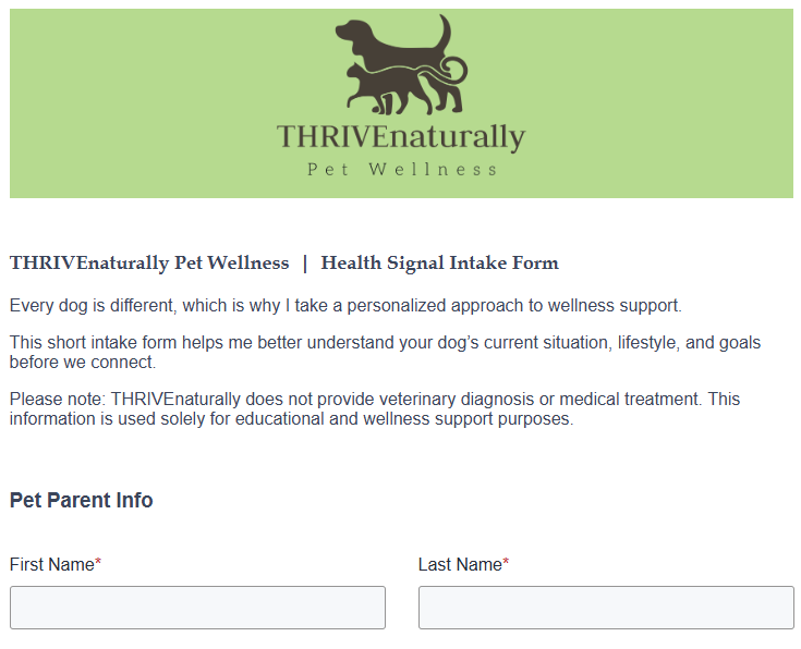 THRIVE Naturally Pet Wellness logo with a silhouette of two dogs, one larger and one smaller, on a light green background.