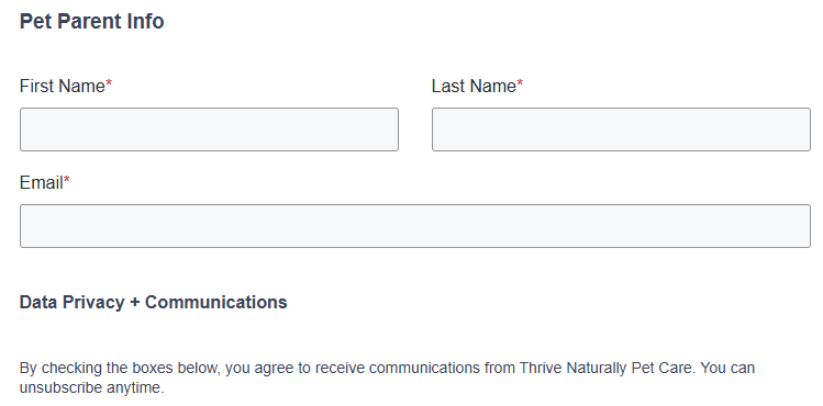Pet parent information form with fields for first name, last name, and email, and a message about privacy and communications.