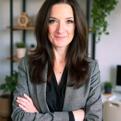 A woman with long brown hair, wearing a gray blazer and black top, standing with arms crossed in an office setting.