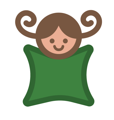 Smiling cartoon girl with brown hair and curled pigtails.