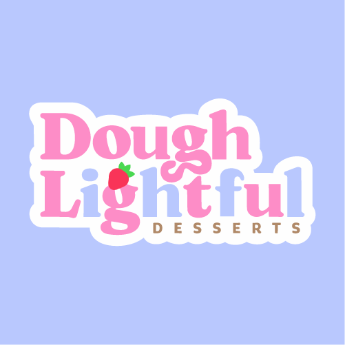Logo for Dough Lightful Desserts with pink and blue text and a strawberry graphic.