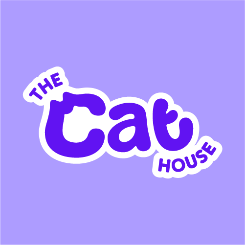 Logo for The Cat House with purple text and a silhouette of a cat's head on a light purple background.