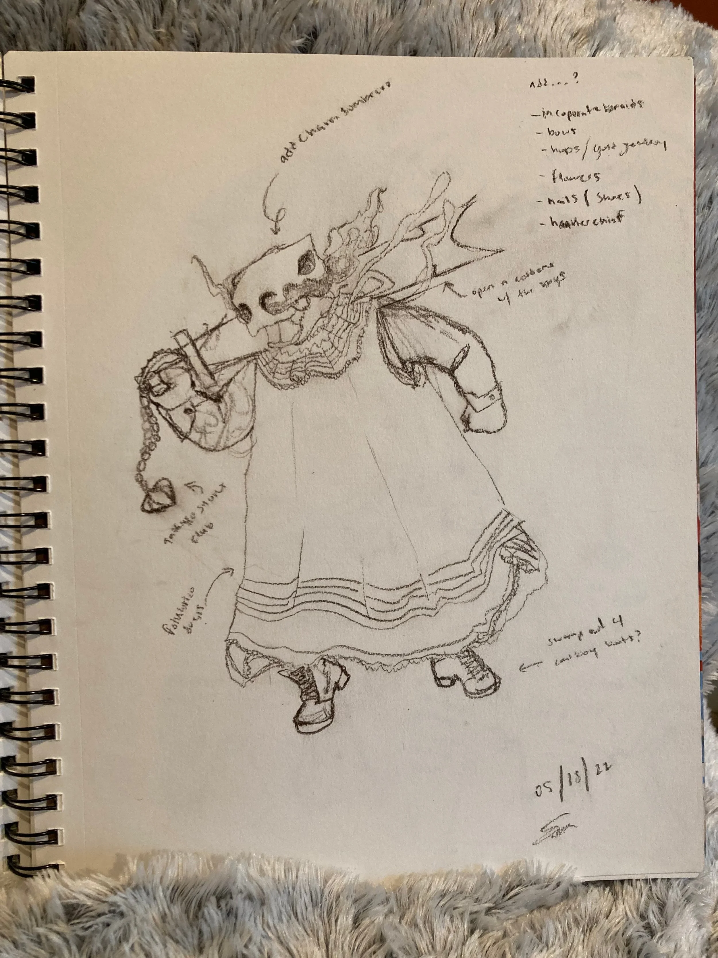 Hand-drawn sketch of a person in a dress with detailed notes and labels, including a skull detail on the headpiece, text annotations, and a date at the bottom right.