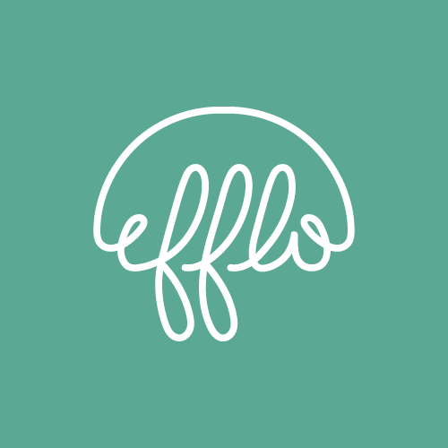 A teal background with the word "efflo" written in white, cursive font inside a white circle.