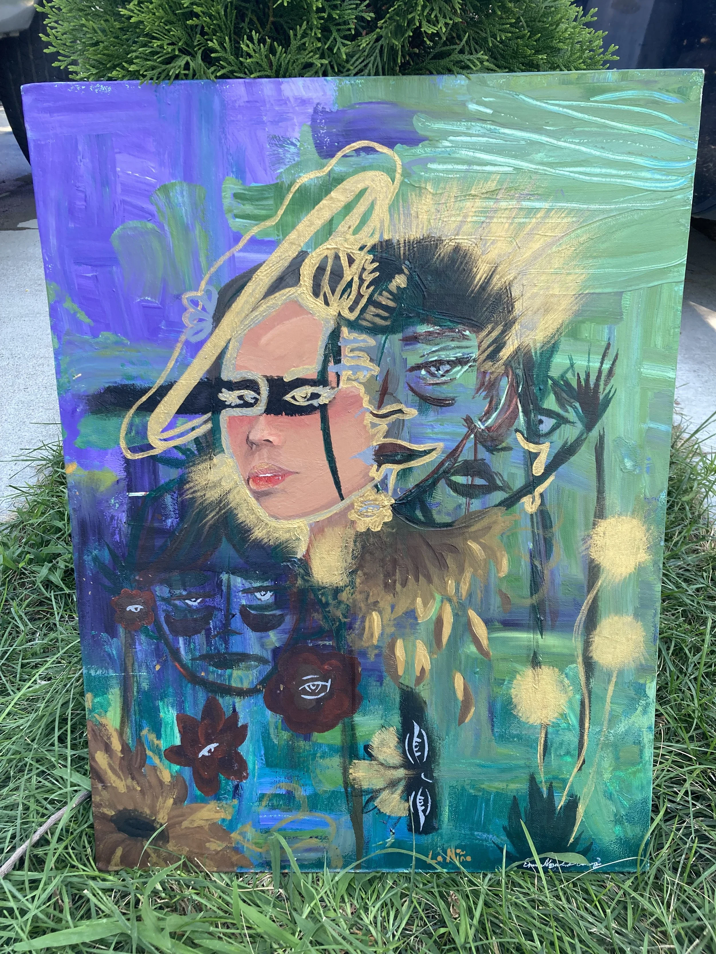 Abstract portrait of a woman with face paint, surrounded by flowers and foliage, with colorful and textured brushstrokes.