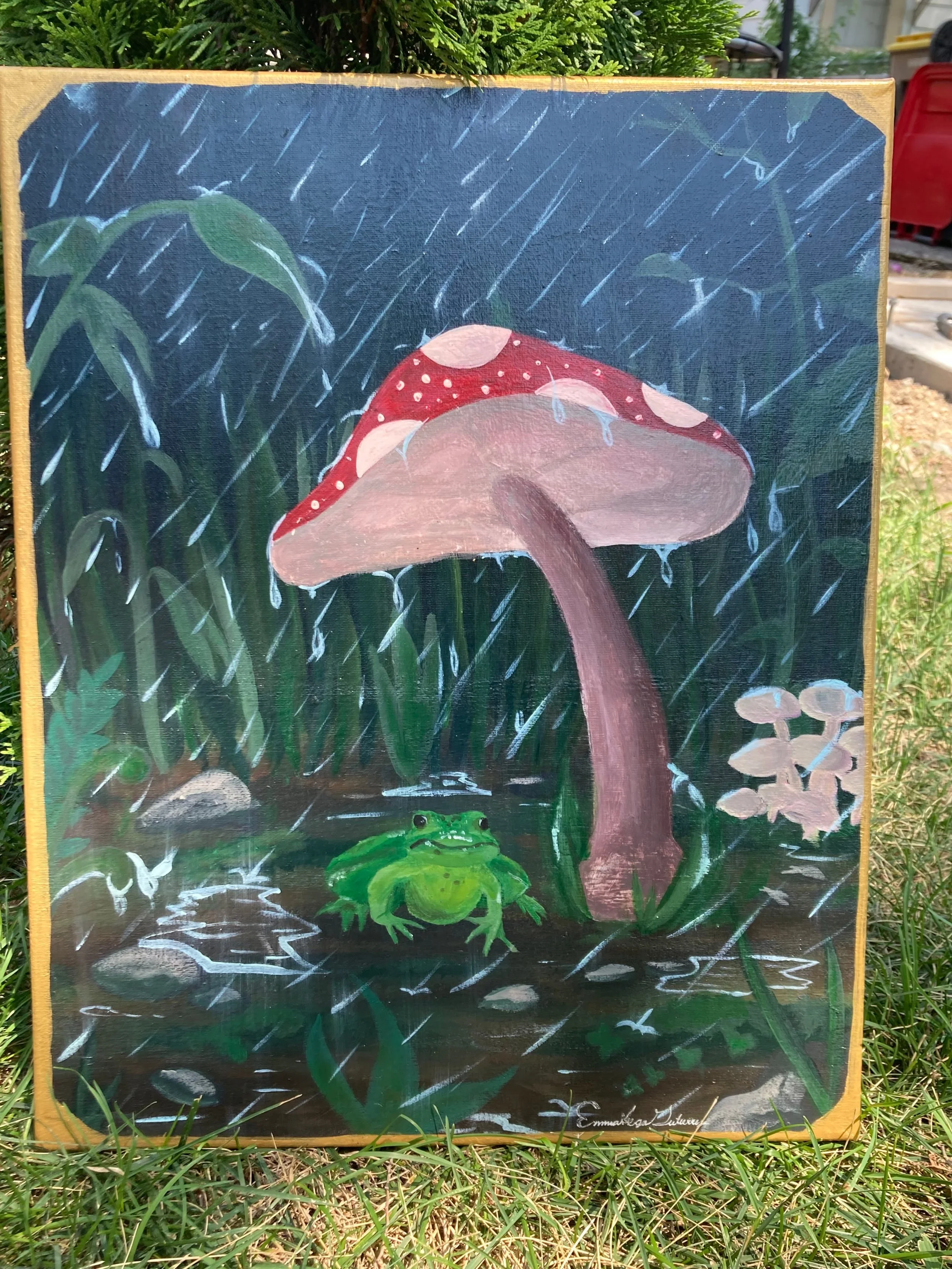 Painting of a rainy scene in a jungle with a large red and white mushroom, a green frog at the bottom, rain falling, and various green plants.