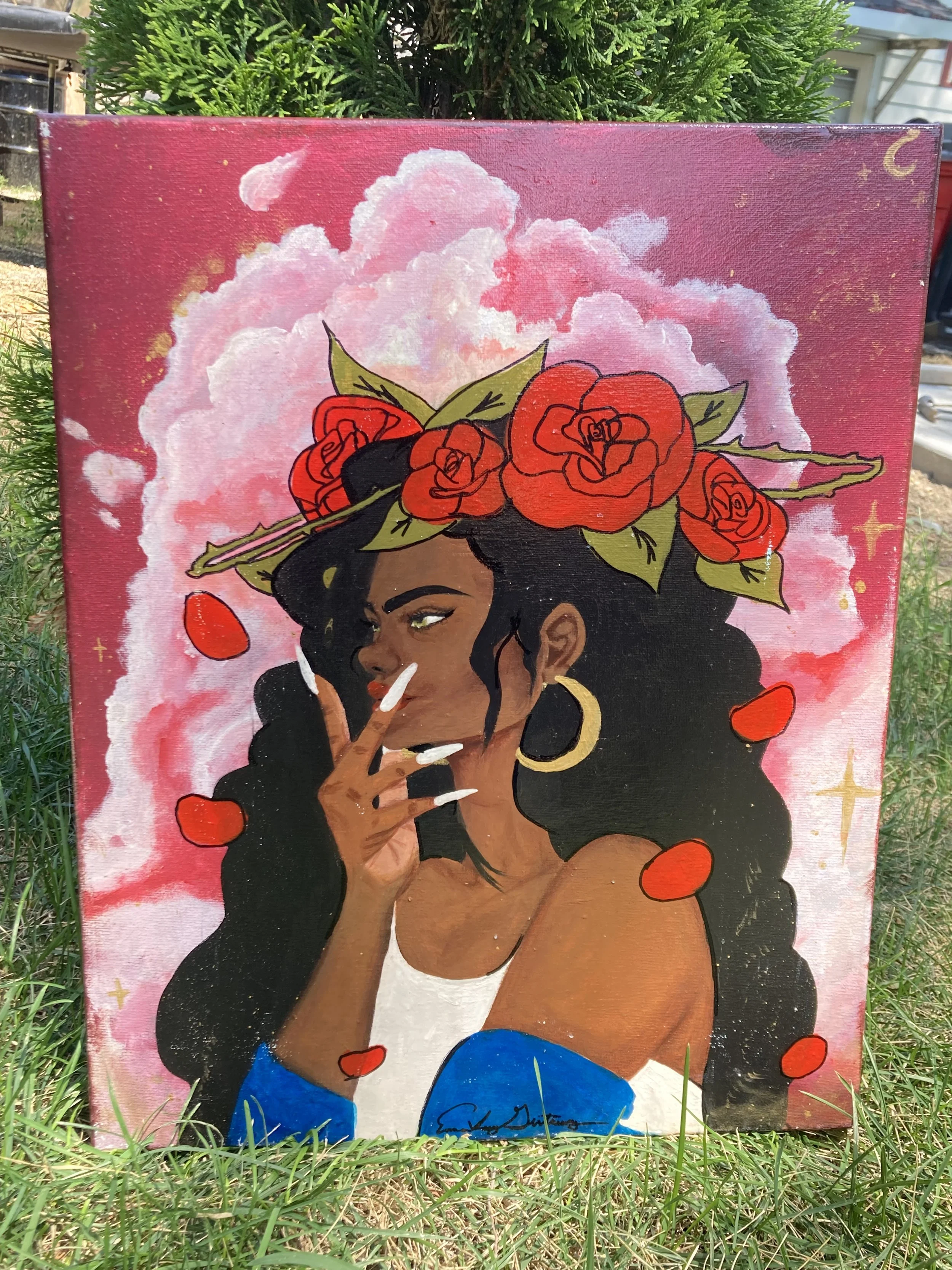 A painting of a woman with dark hair, tanned skin, and hoop earrings. She is adorned with a crown of red roses and green leaves on her head. The background features pink clouds, gold stars, and a moon.