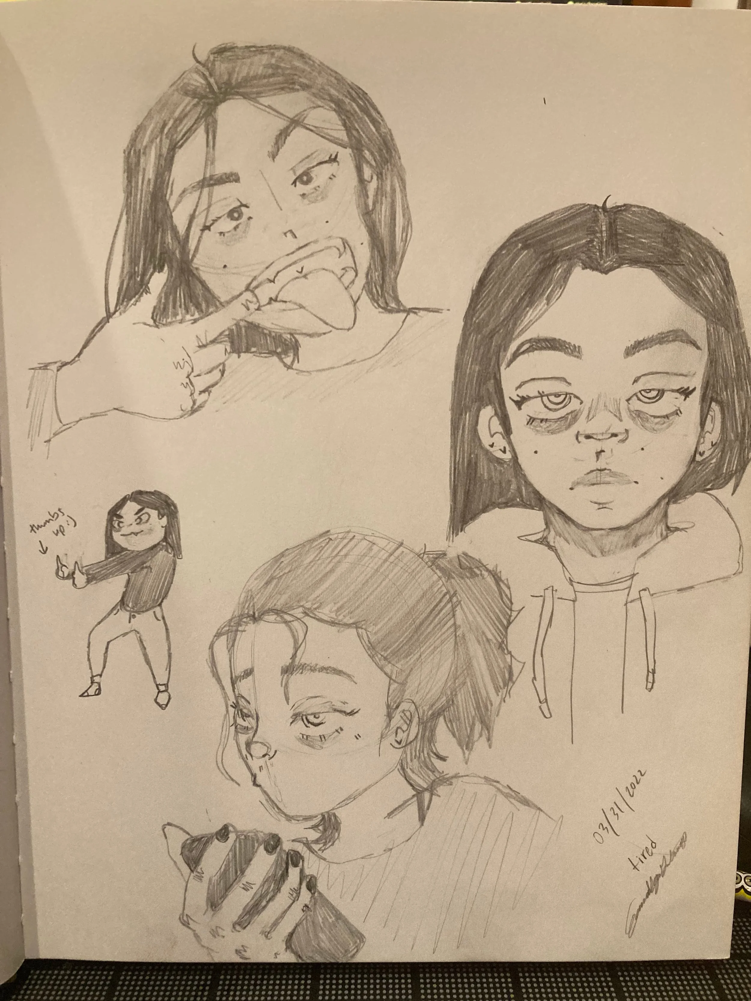 Sketch of various female characters with different facial expressions and poses, including one sticking out tongue, one with tired or sleepy eyes, and another with a confident pose holding a mug.