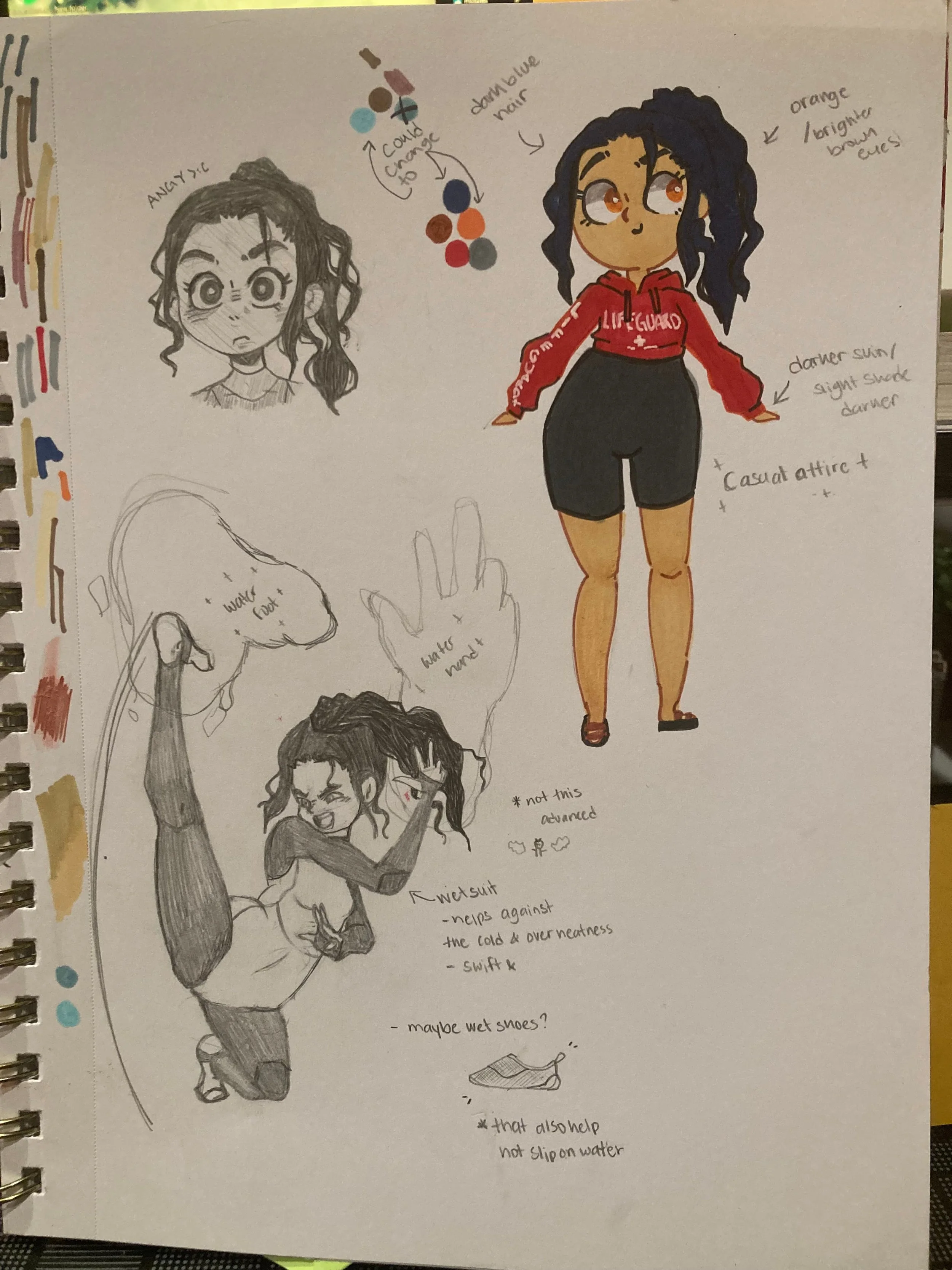 Colorful character design sketches, including a front-facing full-color illustration of a woman with curly dark hair, orange eyes, casual attire, and various notes about her appearance and clothing, alongside smaller black-and-white sketches of her m