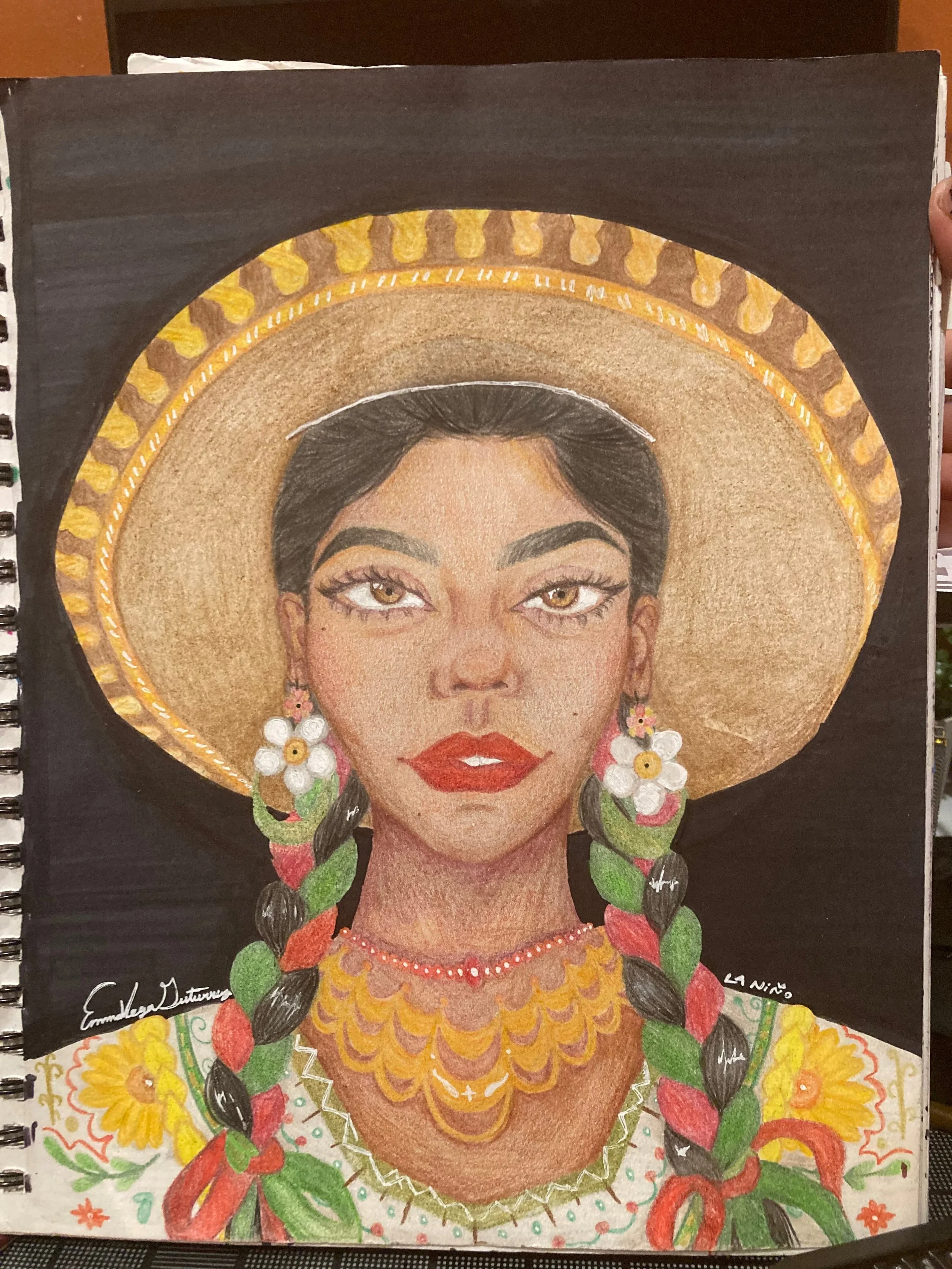 Colorful portrait of a woman with braided hair, wearing traditional Mexican attire and a large straw hat, adorned with vibrant jewelry and floral patterns.