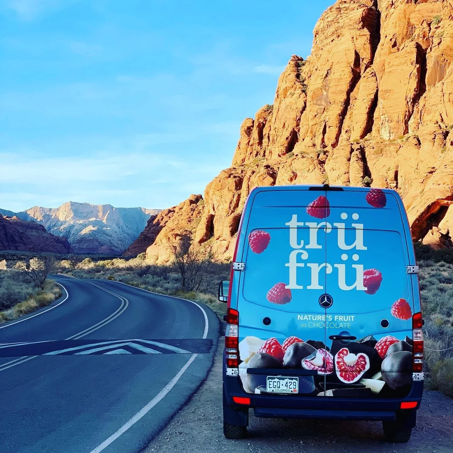 Tru Fru-wrapped sprinter van driving a desert highway past red rock cliffs