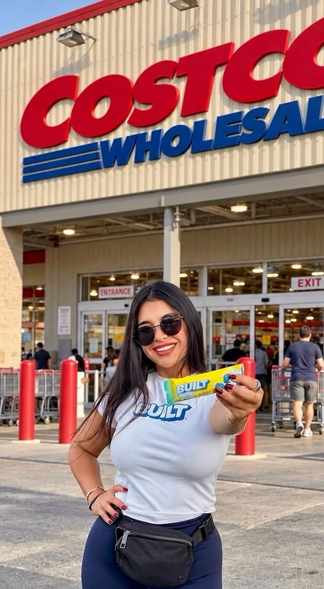 Brand ambassador in a BUILT tee holding out a BUILT Puff bar in front of a Costco Wholesale warehouse entrance