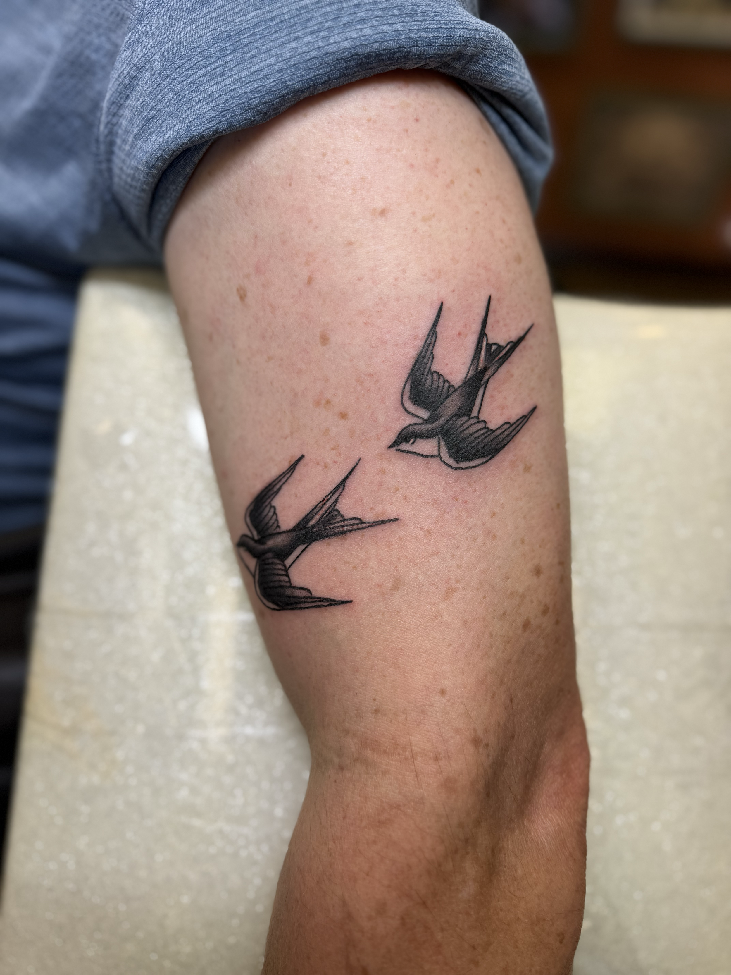 Black swallow birds tattoo on arm, Lago Vista TX
