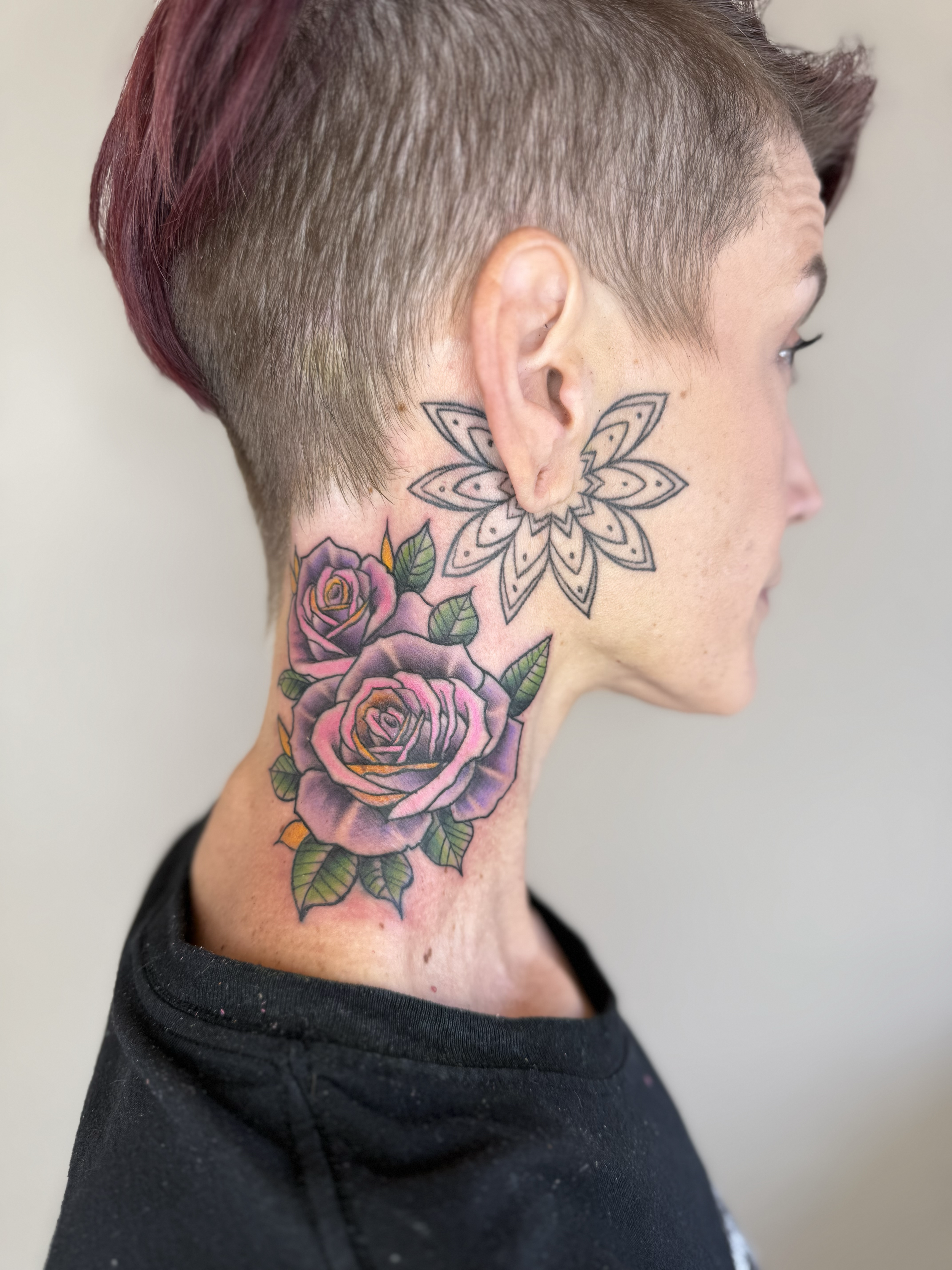 Rose and mandala flower tattoo on neck, Lago Vista TX