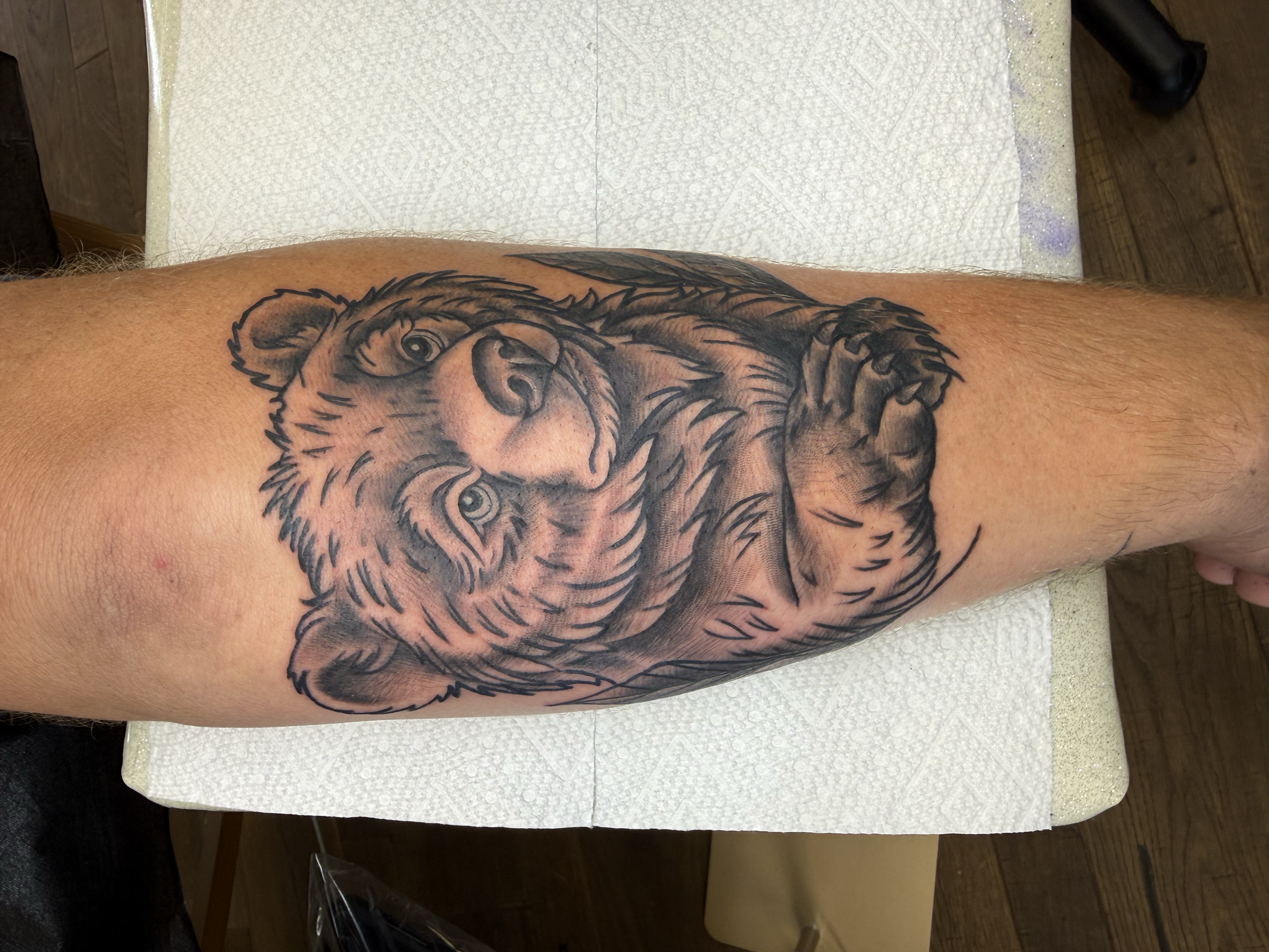 Black and gray bear tattoo on forearm, Lago Vista TX