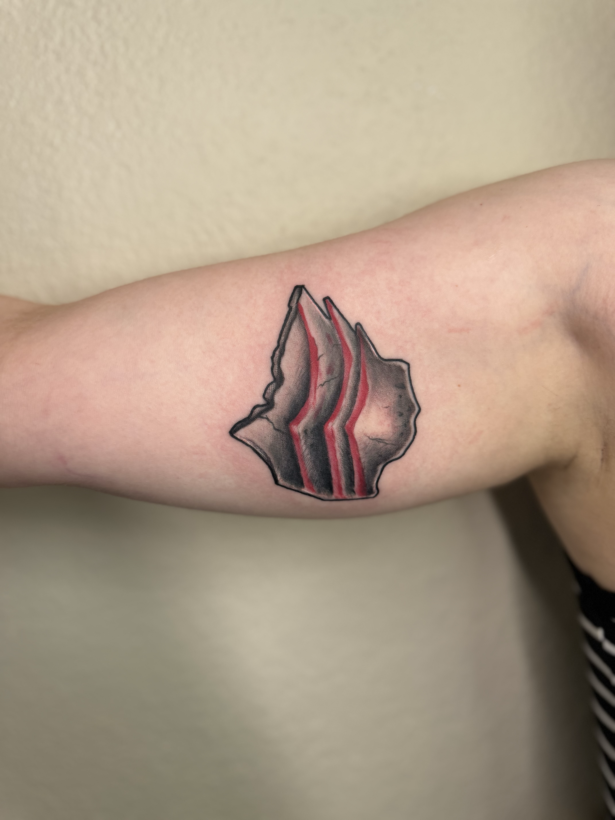 Arrowhead tattoo with red lines on arm, Lago Vista TX