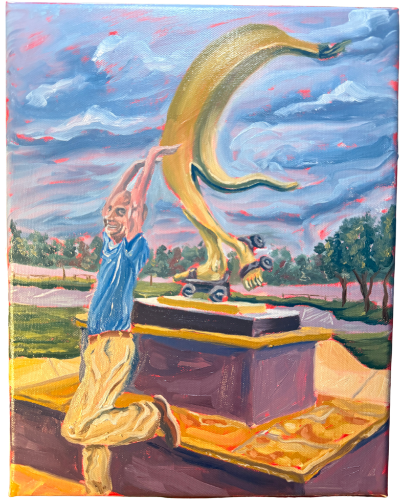 A colorful painting of a skateboarder with a banana-shaped skateboard in a park with trees and cloudy sky in the background.
