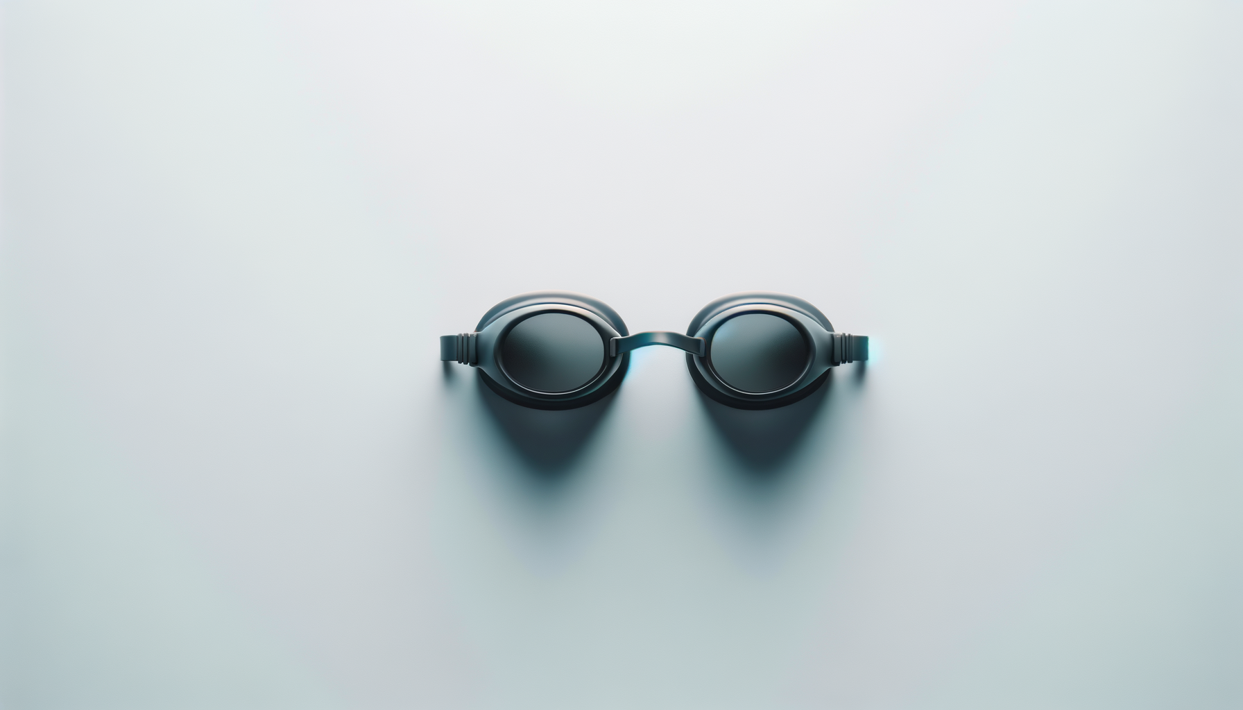 A pair of black swimming goggles with tinted lenses on a plain white surface.