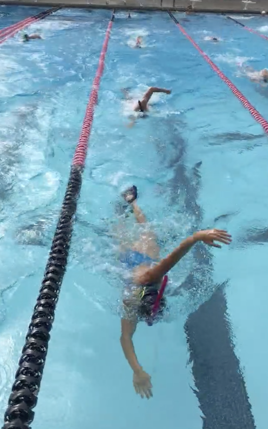 Swimmers competing in a swimming race in an outdoor pool, with lane dividers and splashy water.