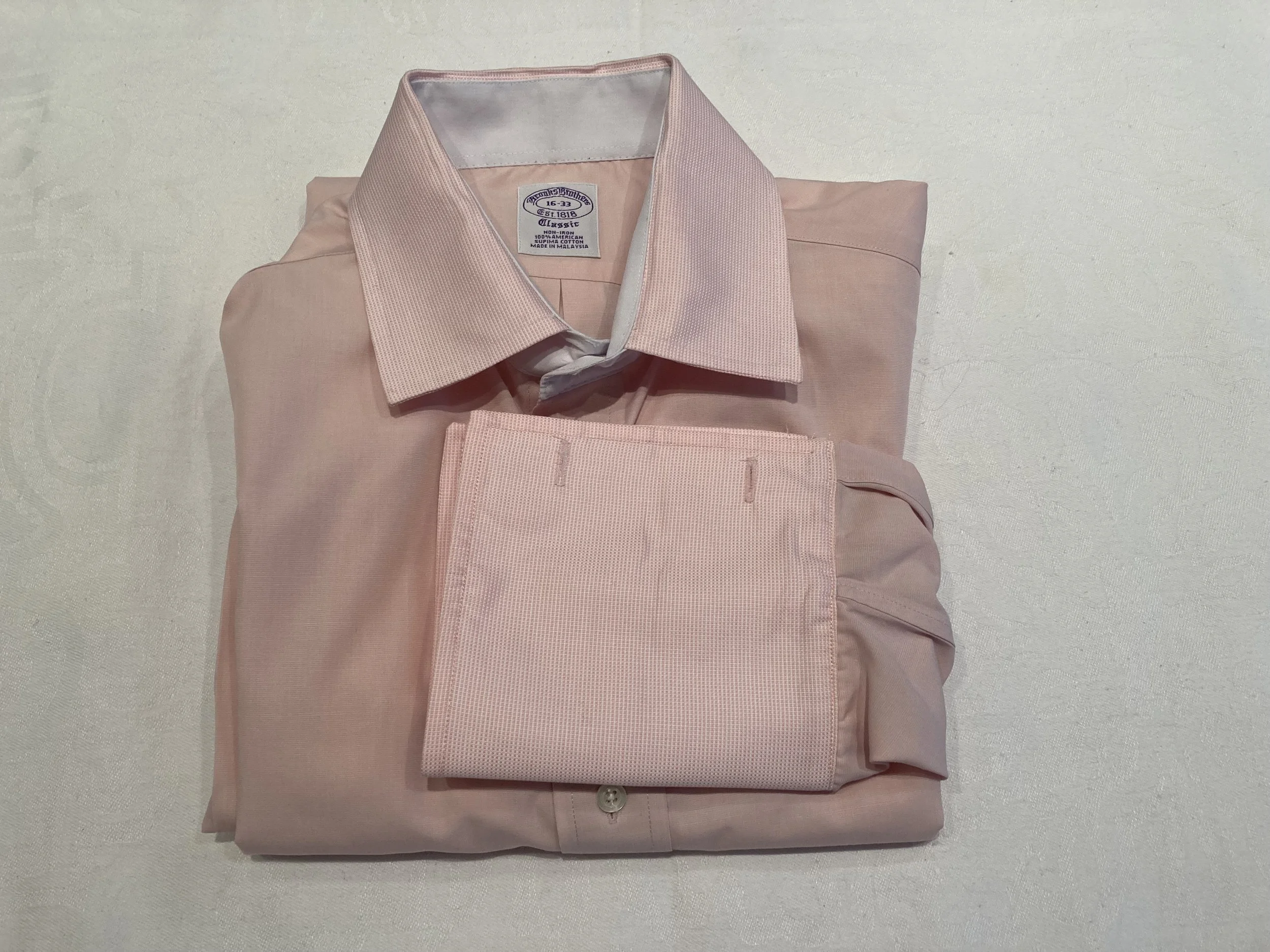 Pink French cuff shirt with collar that is too small