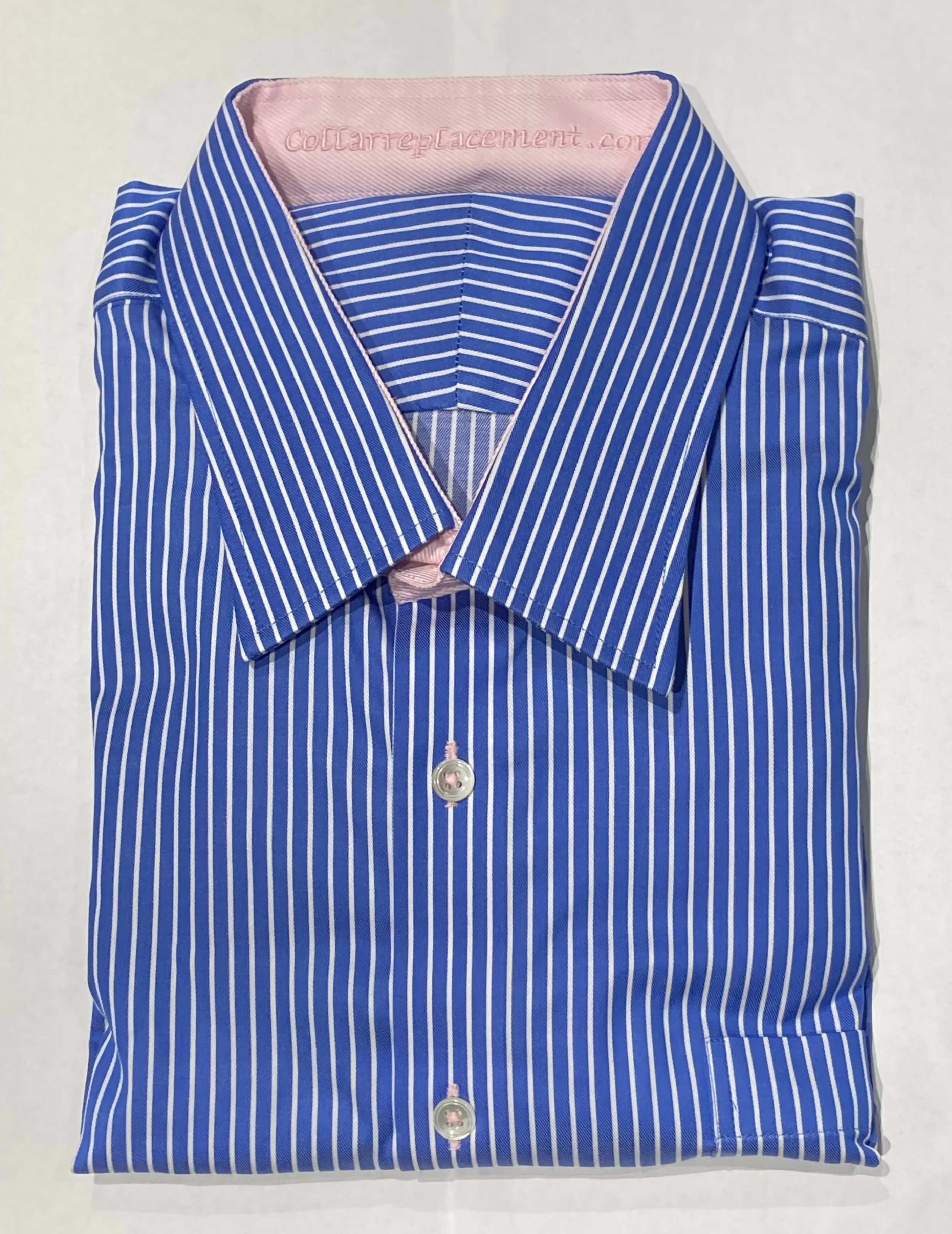 Striped navy twill shirt with pink contrast