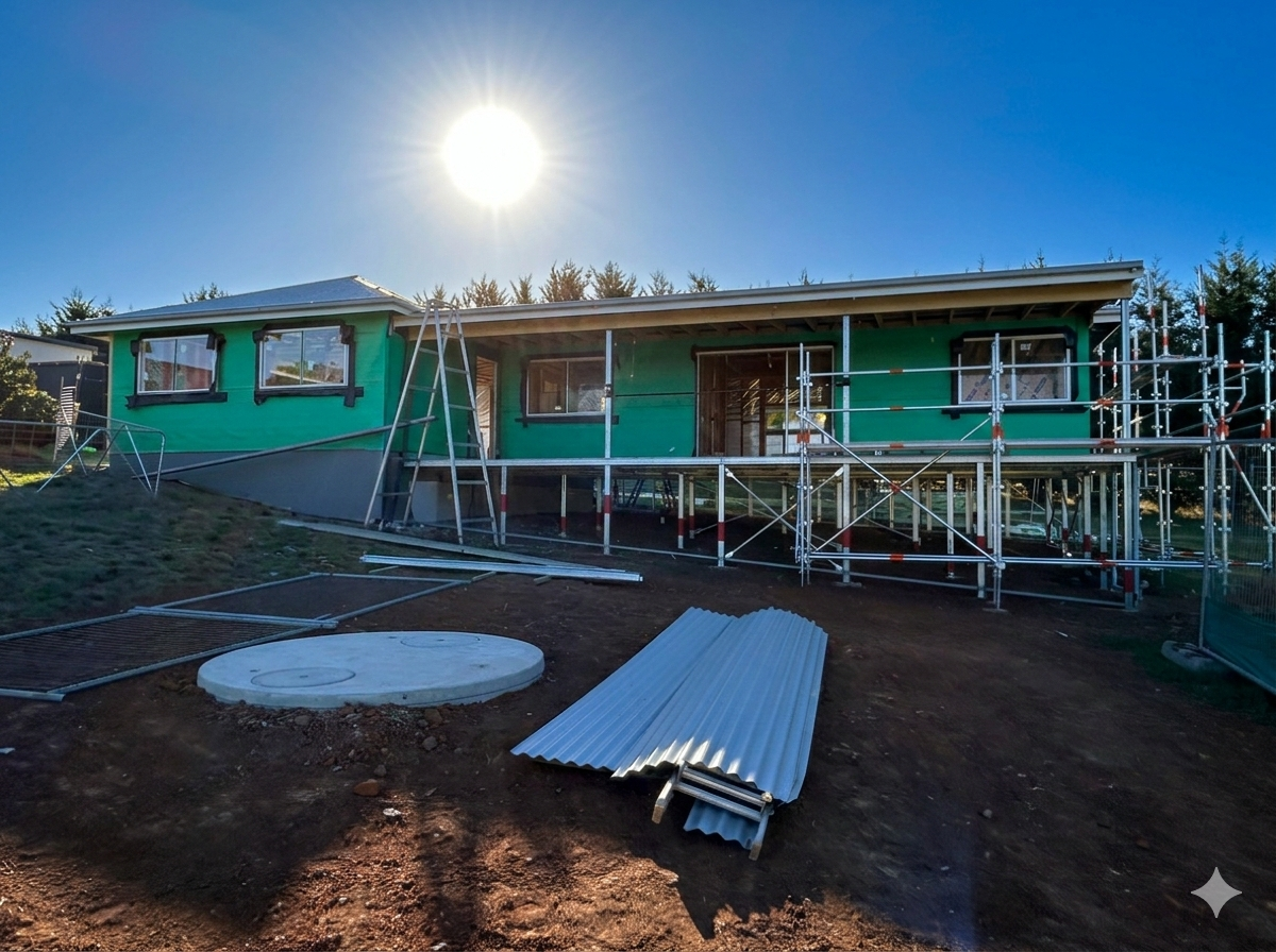 A house under construction with bright sunlight above, scaffolding around the house, and construction materials on the ground.